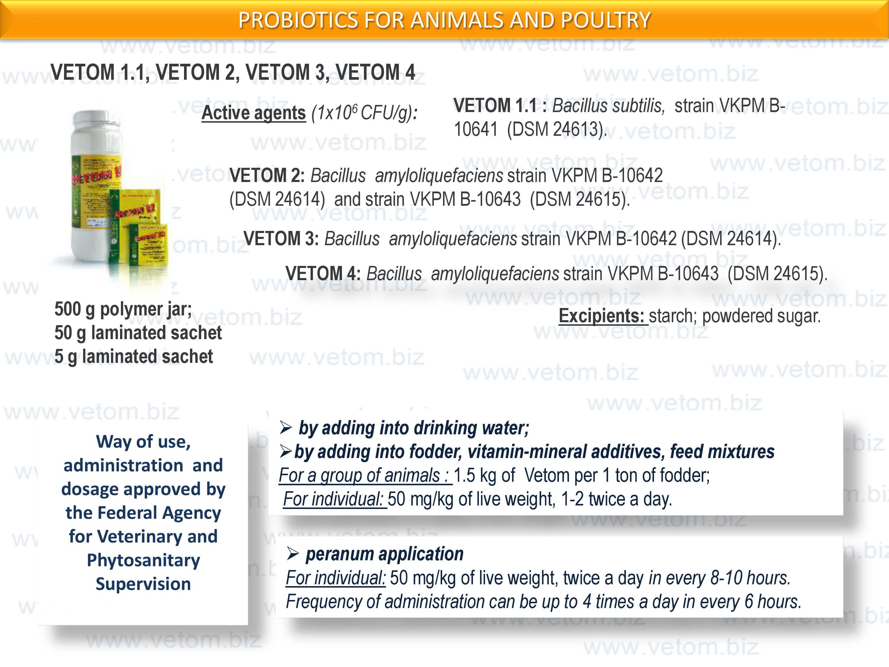 Probiotics for animals - Vetom 1.1, Vetom 2, Vetom 3, Vetom 4 - Way of use, administration and dosage